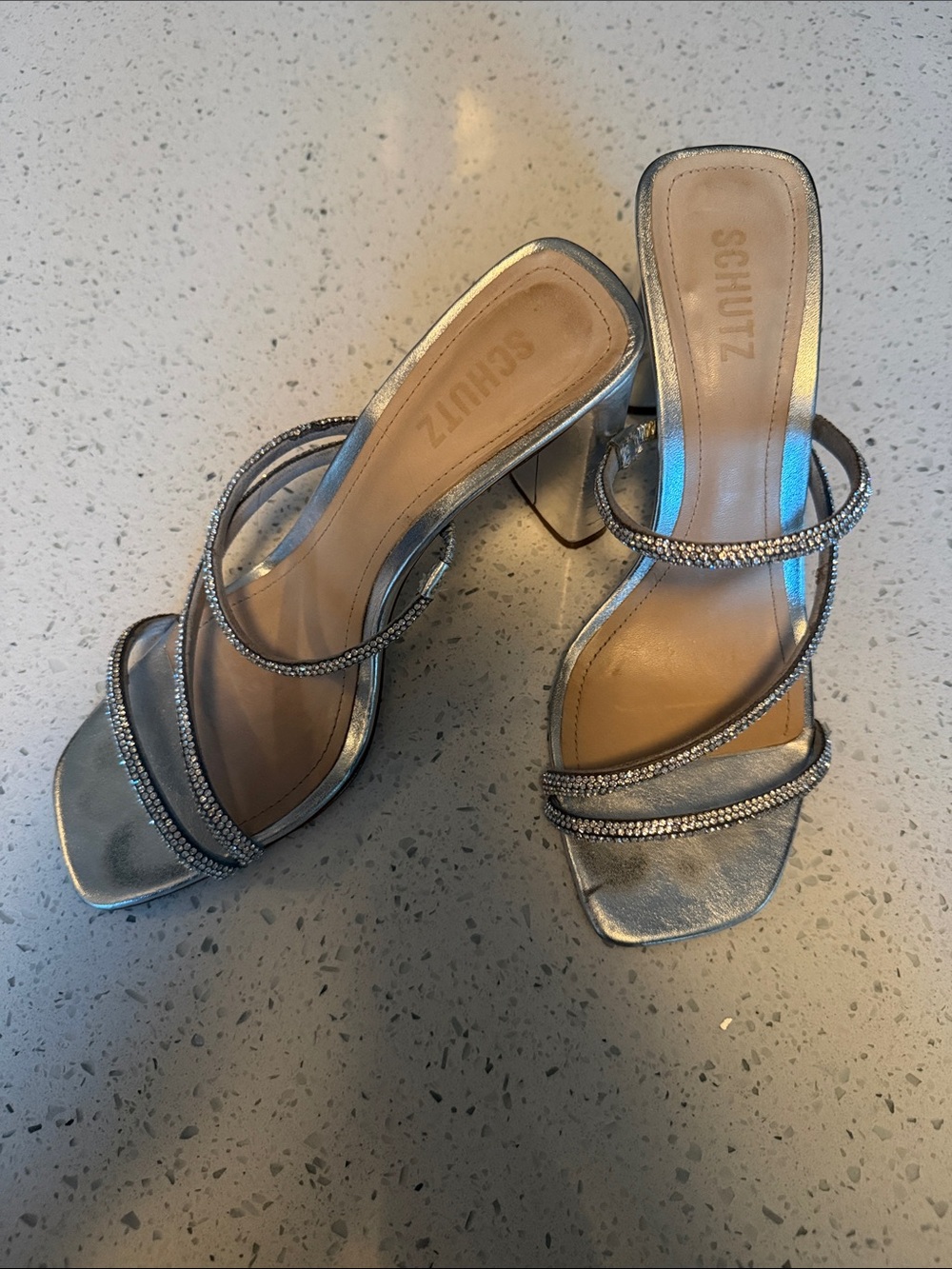 SCHUTZ Silver Rhinestone Strappy Heeled Sandals